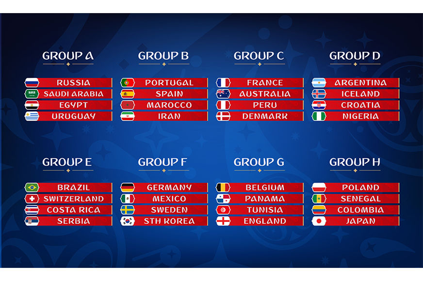 Football championship groups. Set of national flags. Draw result. By Di ...