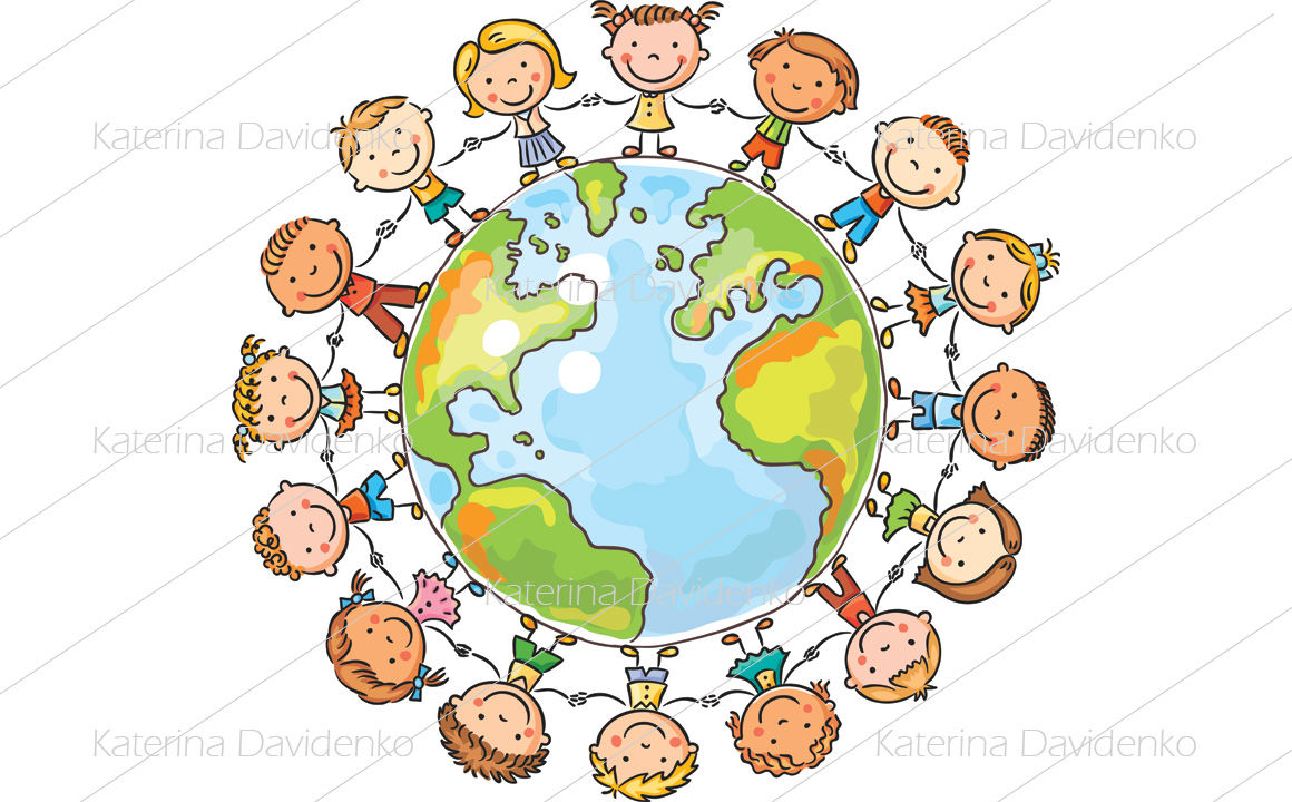 Happy cartoon children round the Globe as a symbol of peace or global By  Optimistic Kids Art | TheHungryJPEG