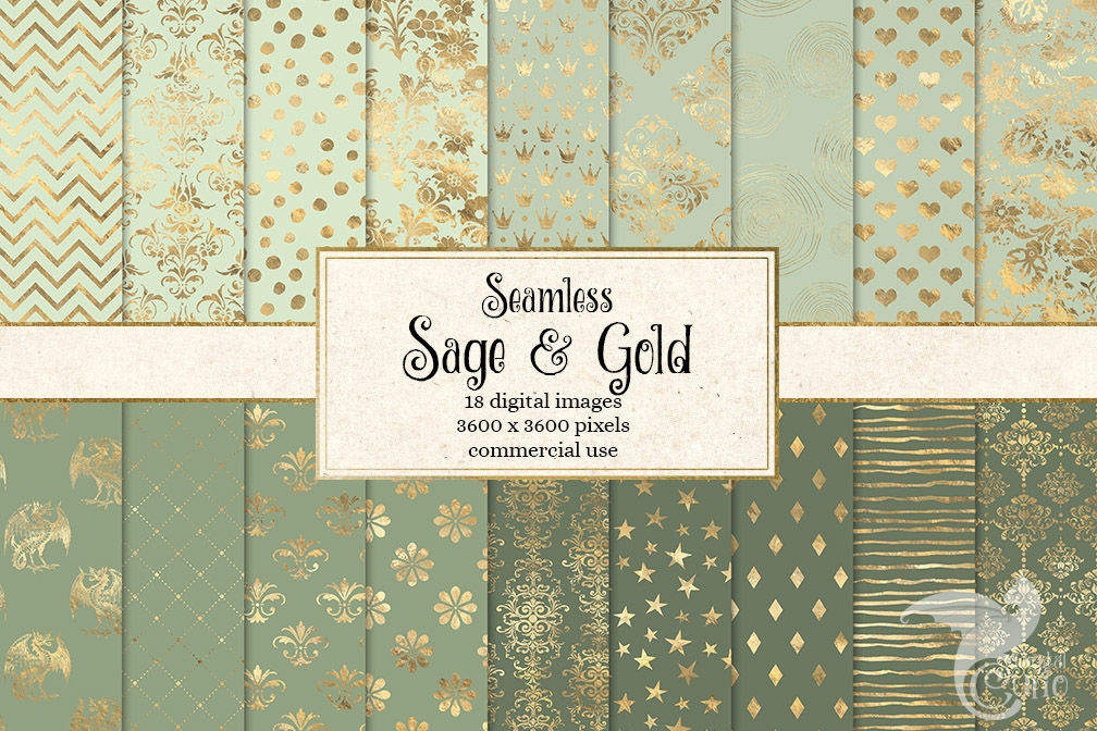 Sage Green and Gold Digital Paper By Digital Curio | TheHungryJPEG