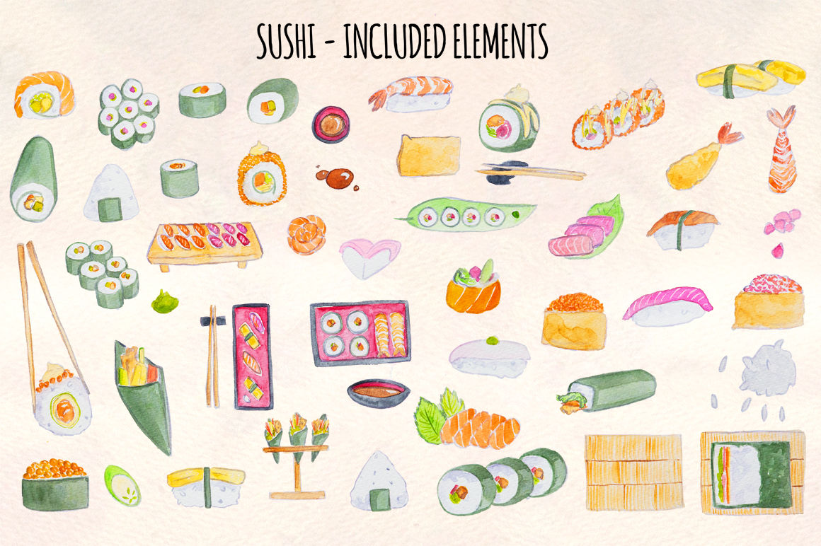 Sushi Train 50 Watercolour Vector Graphics By Violet LeBeaux ...