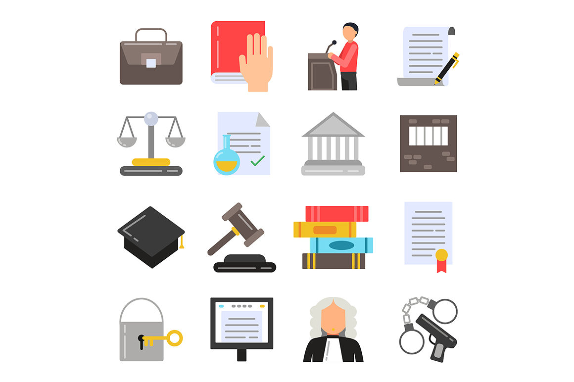 Symbols of legal regulations. Juridical icons set in flat style By ONYX ...