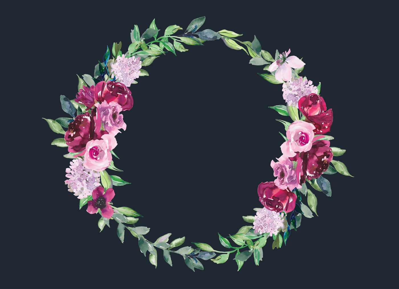 Watercolor Burgundy Pink Flowers Wreath Wine Color By