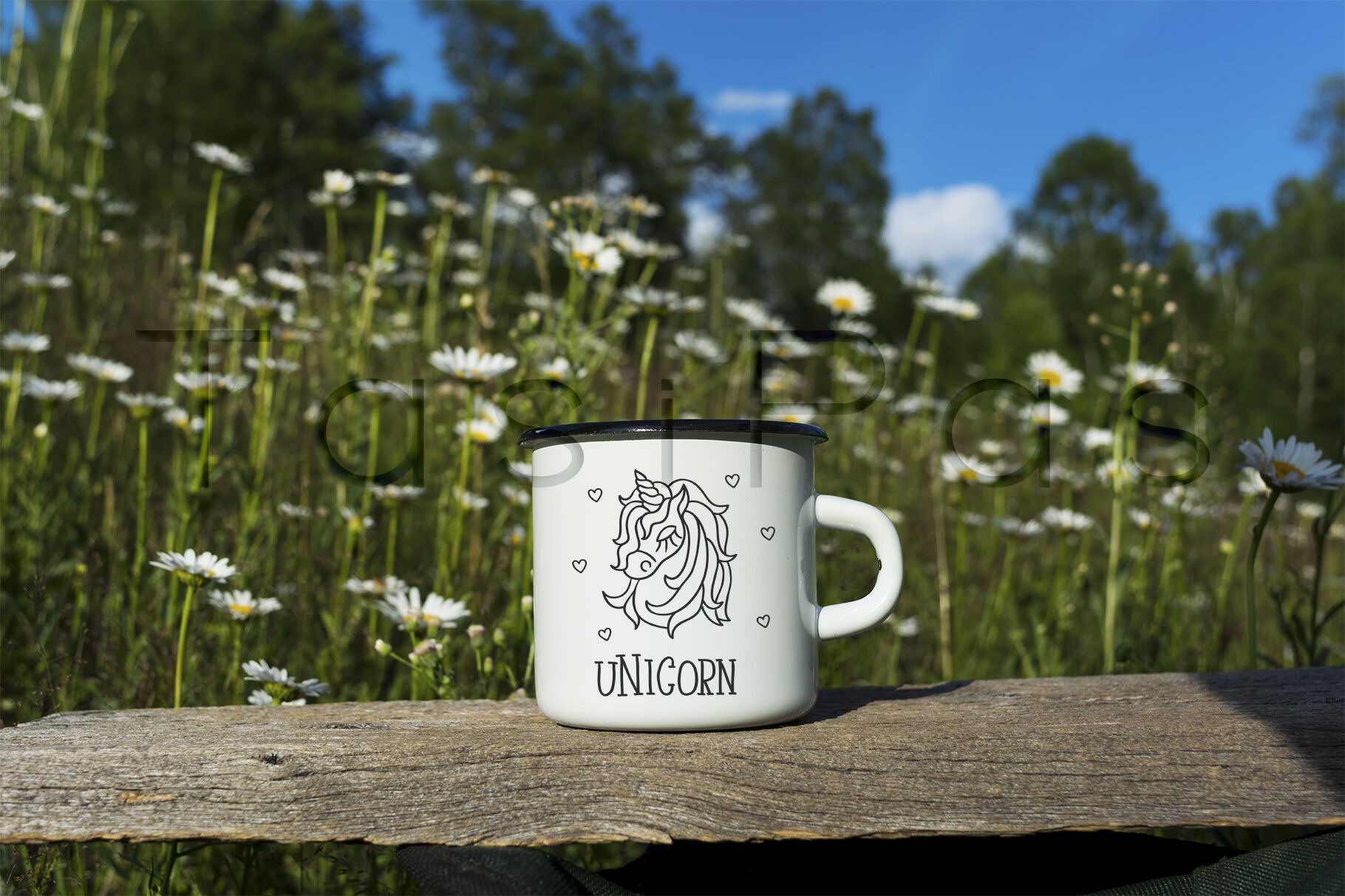 Download White campfire enamel mug mockup with daisy field. By ...