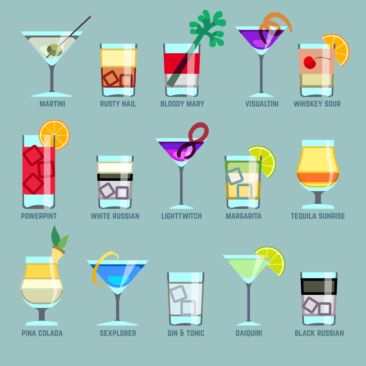 Alcohol drinks and cocktails flat vector icons By Microvector ...