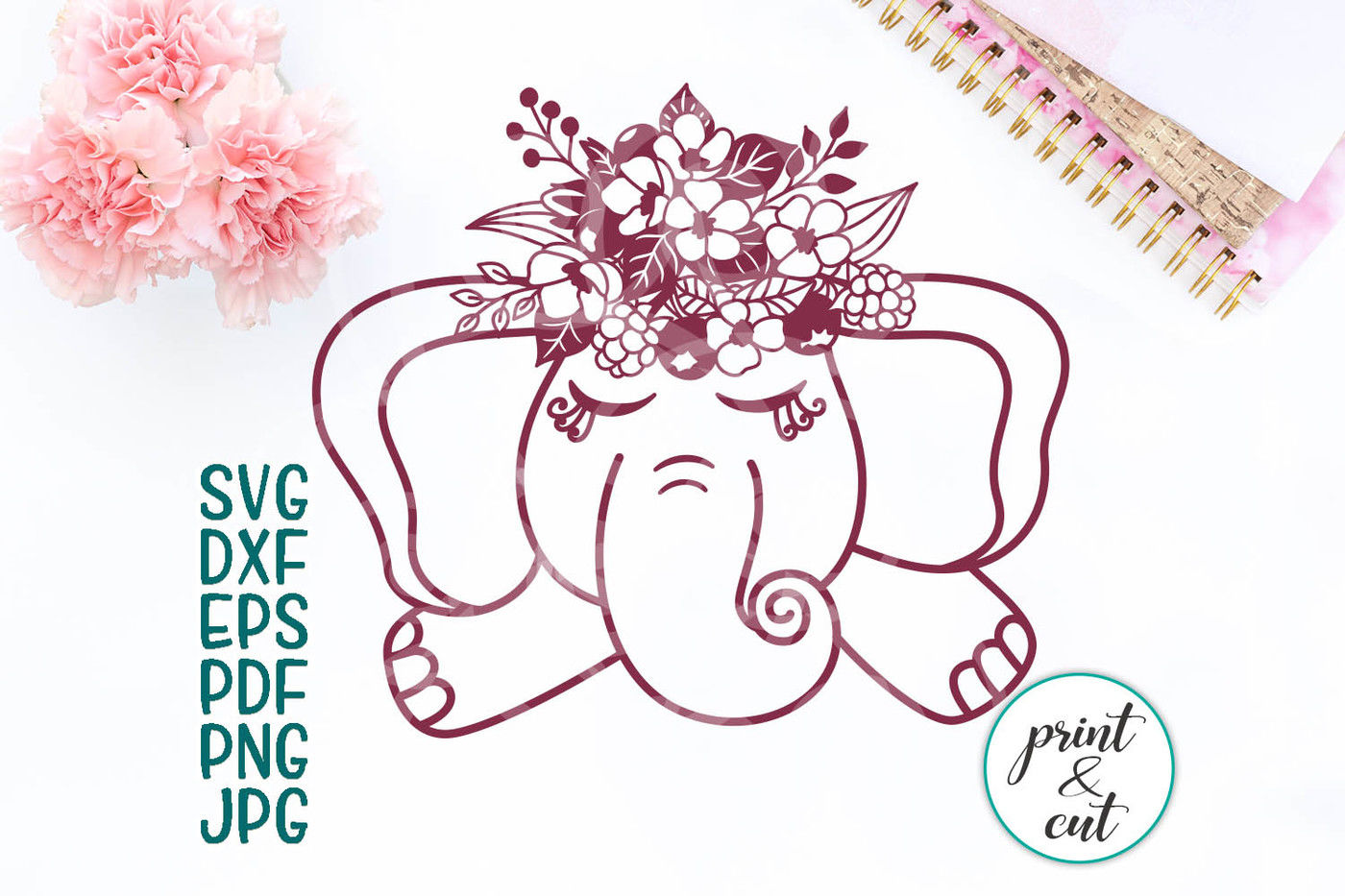 baby elephant with flowers svg, summer flowers file, papercutting pdf