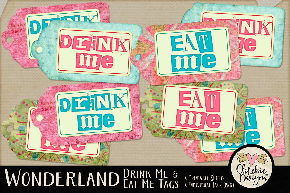 Alice In Wonderland Eat Me Drink Me Printable Tags By Clikchic Designs Thehungryjpeg Com
