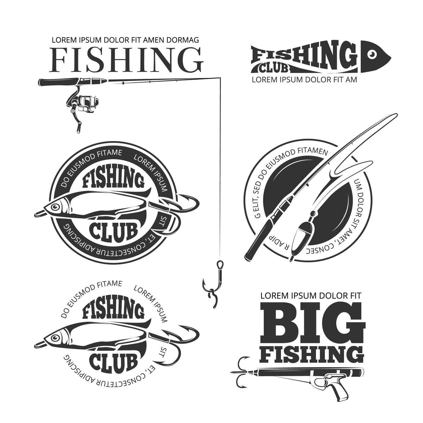 Vintage fishing vector labels, logos, emblems set By Microvector