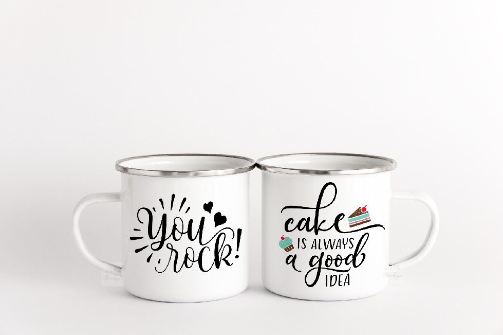 12oz White Enamel Camper Mugs Mockup Photo 300 DPI Use for Front and Back or Pair Set JPEG Two Mugs in Coffee Shop Setting
