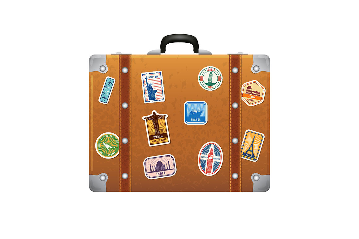 Travel stickers on retro leather suitcase. Vector labels set By ONYX