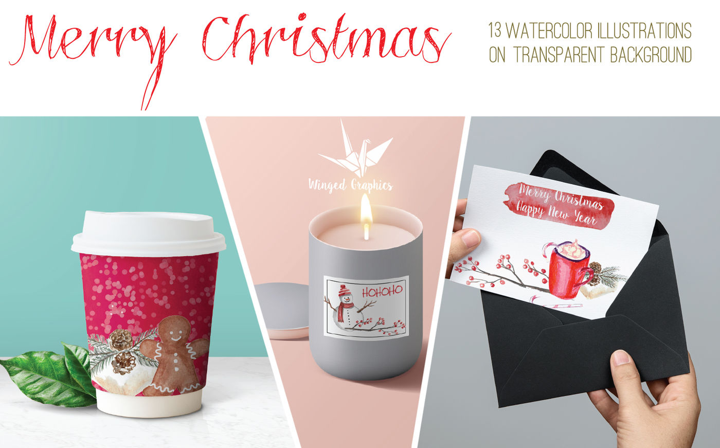 Christmas Watercolor Illustrations Set Of 13 By Winged Graphics Thehungryjpeg Com