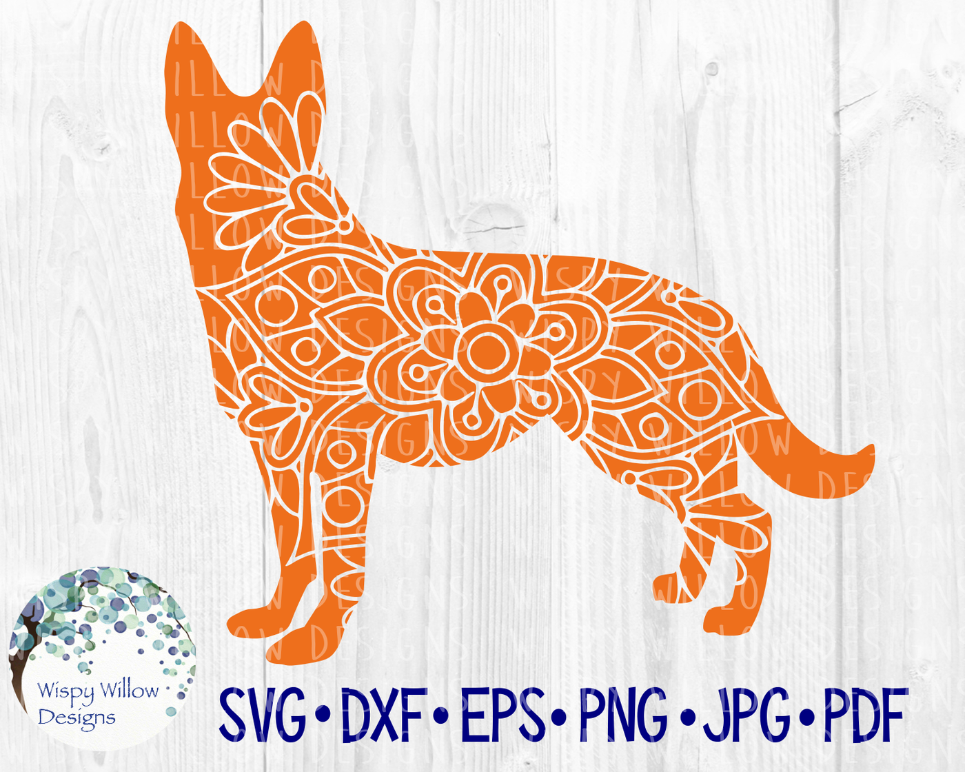 German Shepherd, Dog Mandala, SVG/DXF/EPS/PNG/JPG/PDF By Wispy Willow