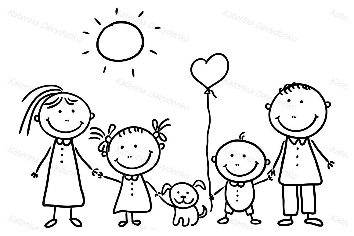 Happy family with two children and a puppy By Optimistic Kids Art ...