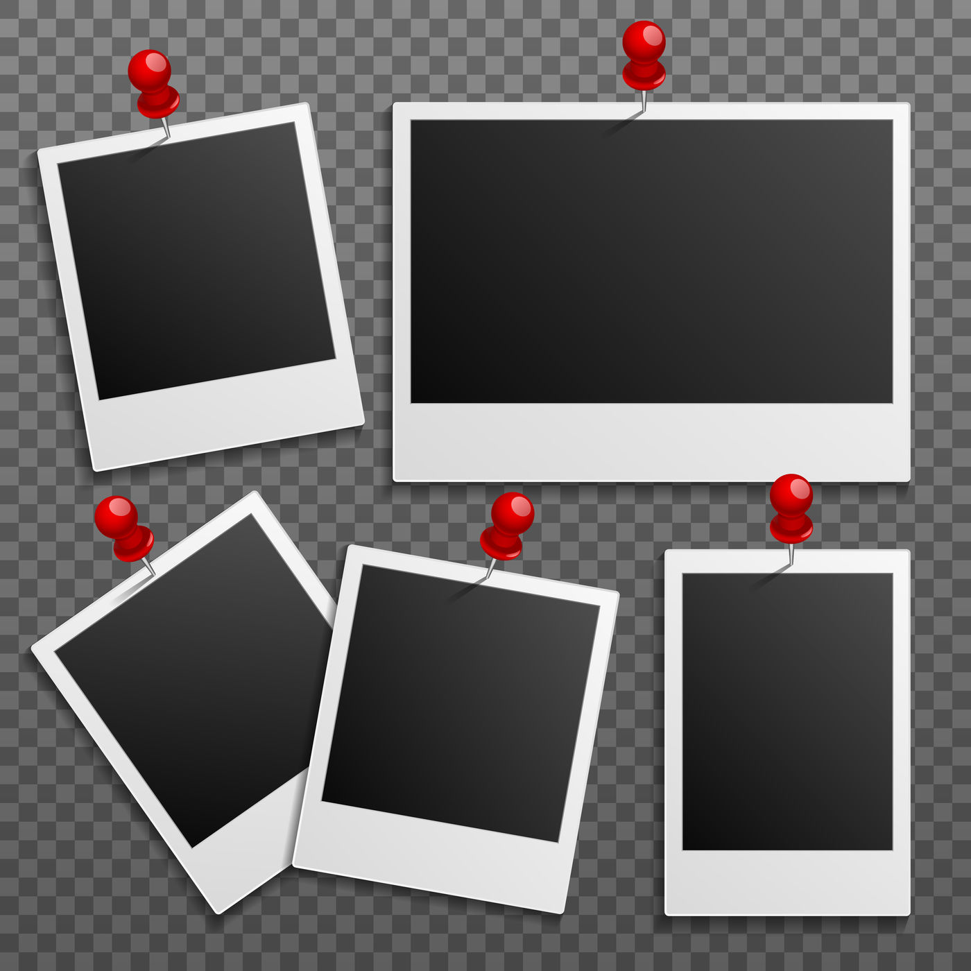 Photo polaroid frames on wall attached with pins. Vector ...