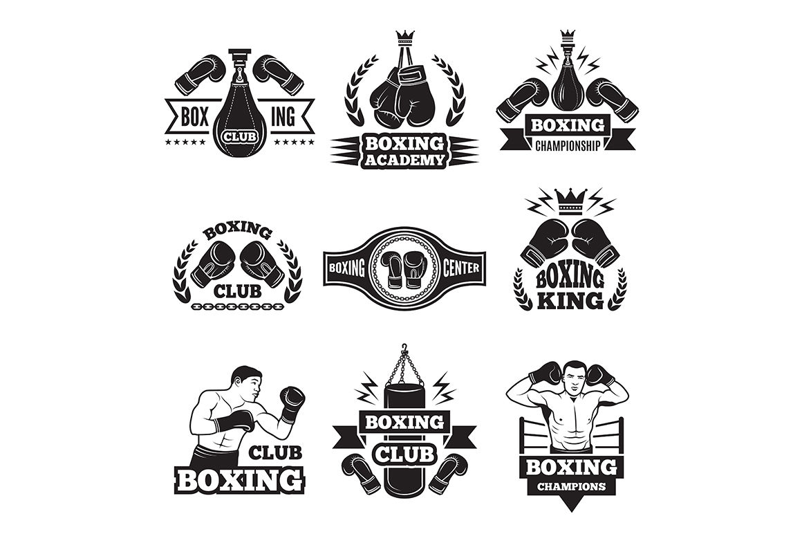 Monochrome labels set for boxing championship. Illustration of gloves ...