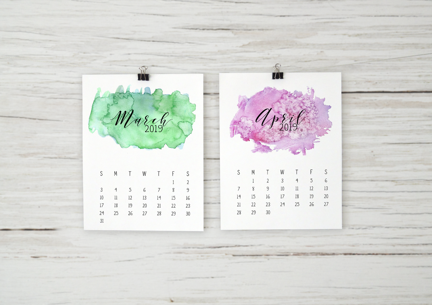 2019 Watercolor Calendar By Seaside Digital