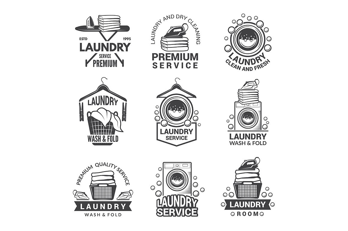 Labels or logos for laundry service. Vector monochrome pictures By ONYX ...