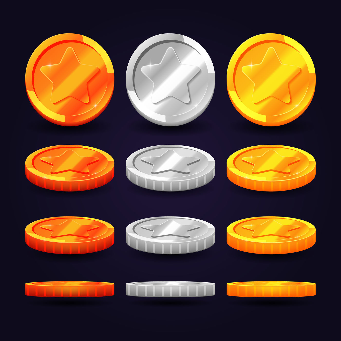 Gold, silver, and copper coins in different positions. Vector elements ...