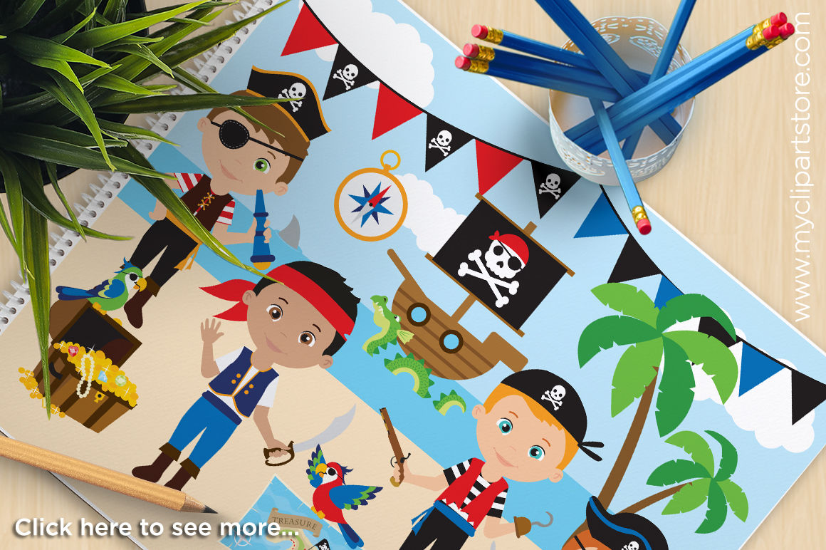 Pirate Clip Art, Pirates, Pirate Ship Treasure Island By ClipArtisan |  TheHungryJPEG