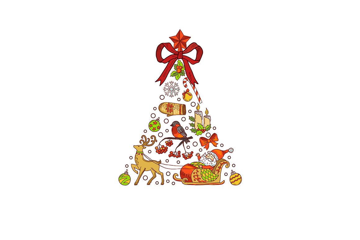 Vector Hand Drawn Colored Christmas Tree By Onyx Thehungryjpeg Com