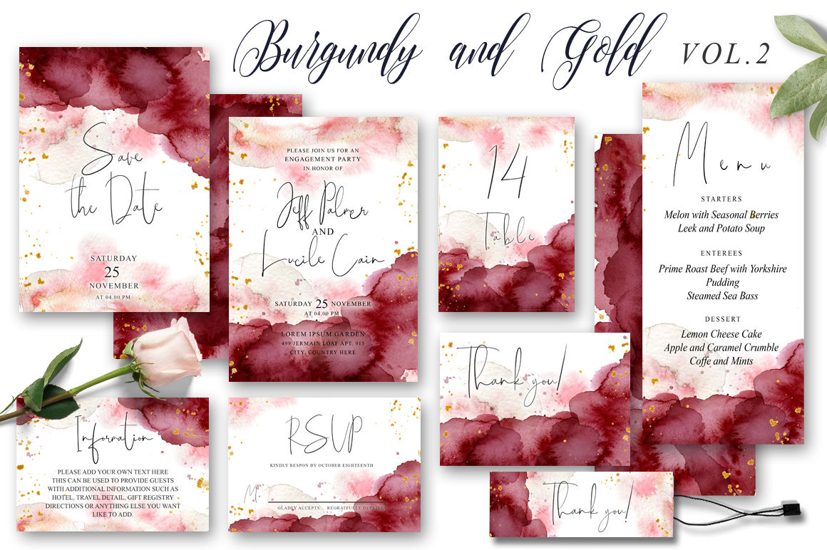 Burgundy & Gold Watercolor Wedding Invitation suite  By EvgeniiasArt |  TheHungryJPEG
