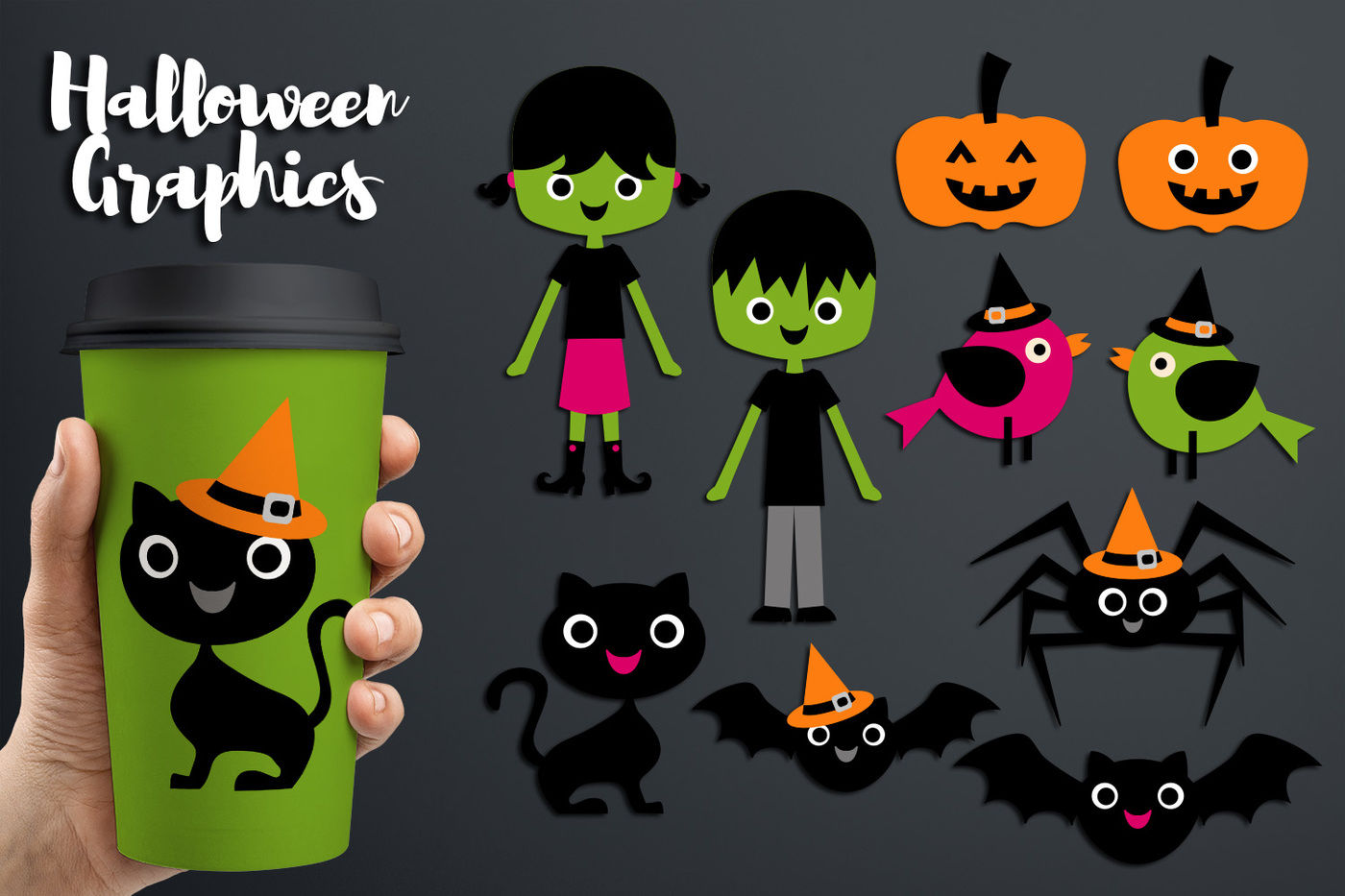 Halloween Friends Clipart Graphics Kids Black Cats Bats Pumpkins By Blessedgrafik Thehungryjpeg Com