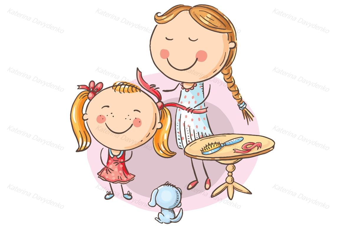 Happy mother combing her daughter's hair, cartoon graphics By Optimistic  Kids Art | TheHungryJPEG