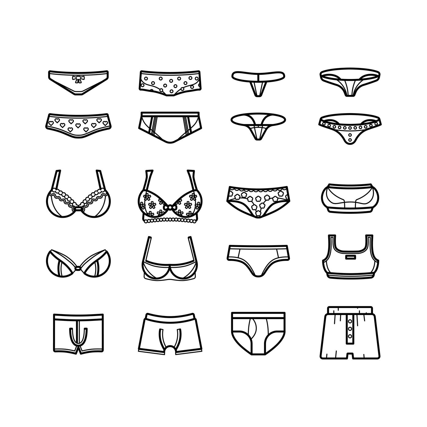 Lingerie womens and mens underwear thin line icons set By Microvector