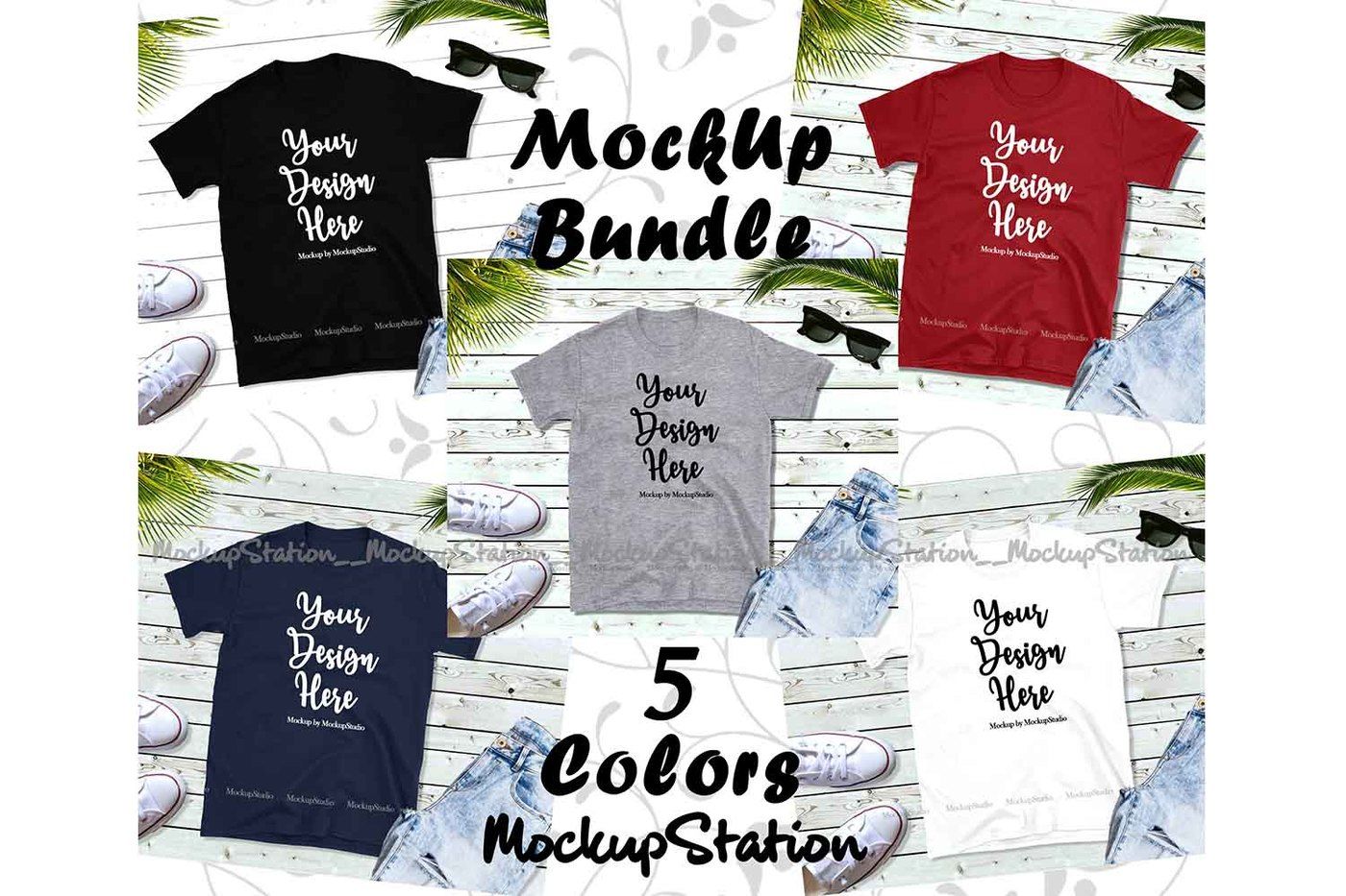 Download Tshirt Mockup Bundle 5 Colors Gildan 64000 By MockupStation | TheHungryJPEG.com