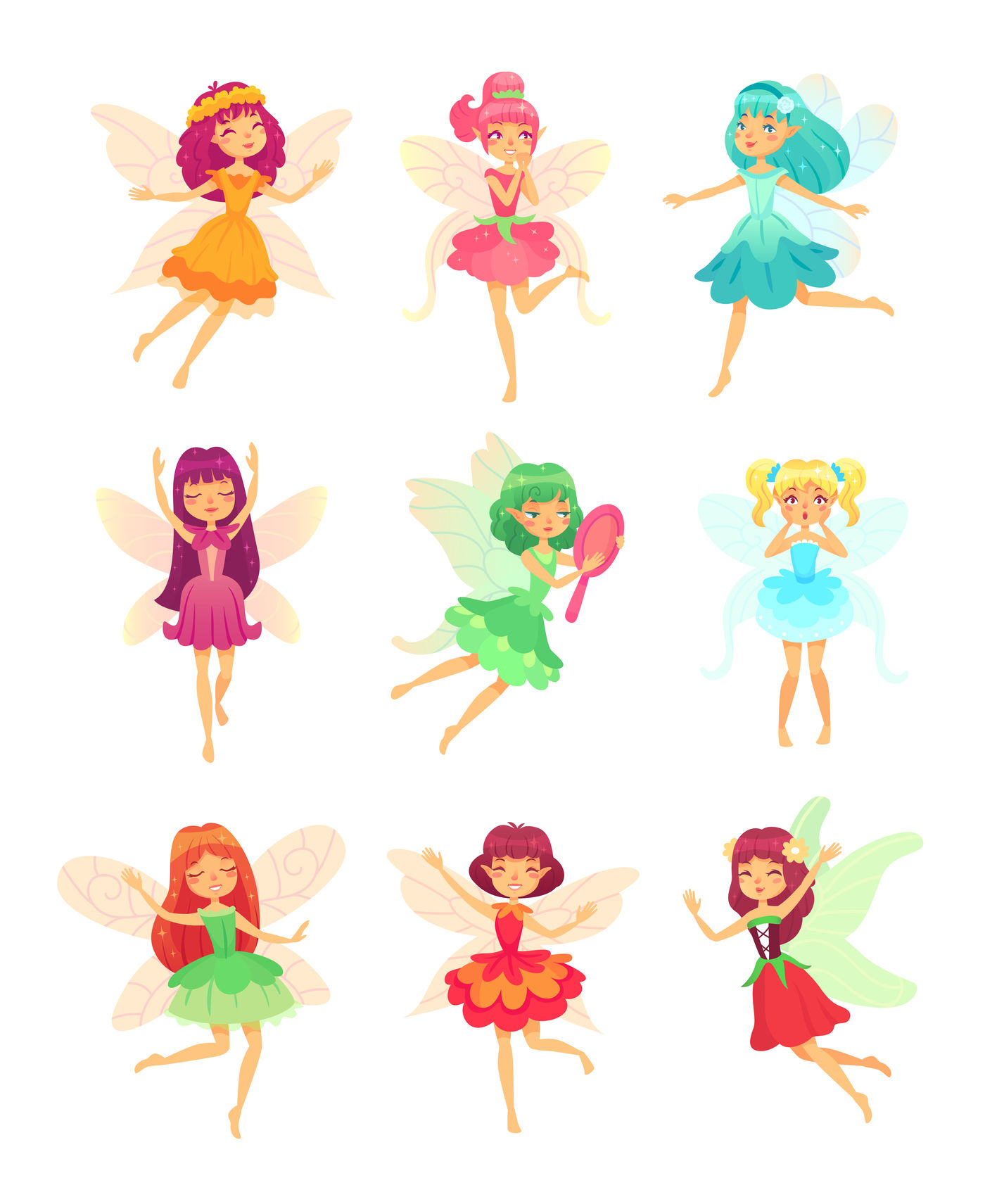 Cartoon fairy girls. Cute fairies dancing in colorful dresses. Magic f