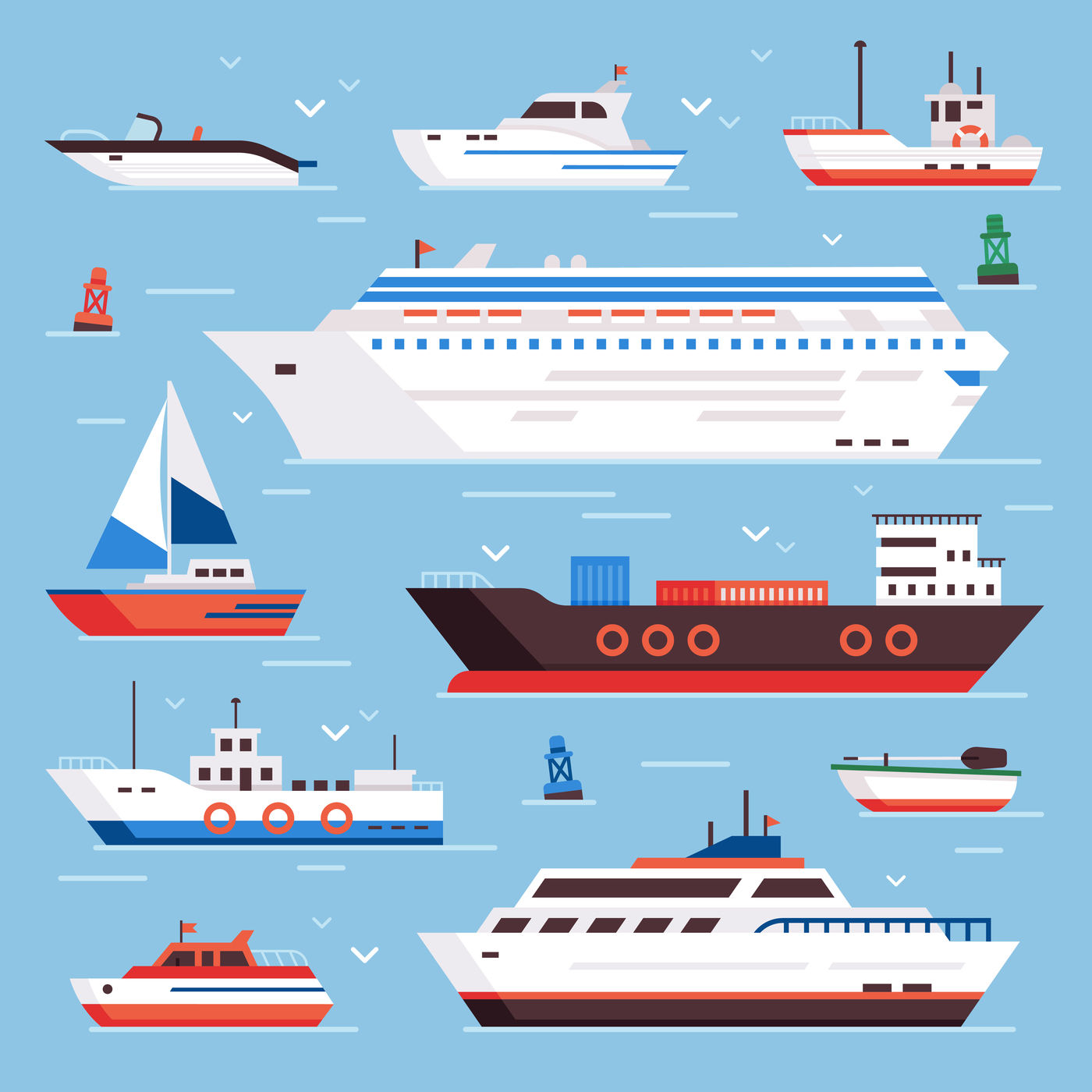 Sea ships. Cartoon boat powerboat cruise liner navy shipping ship and