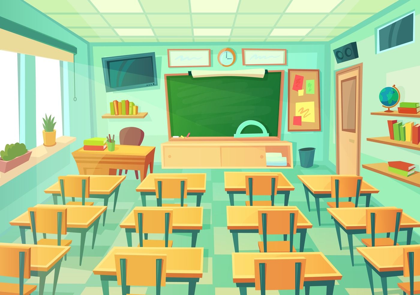 Typical anime classroom, chalkboard, empty, quiet