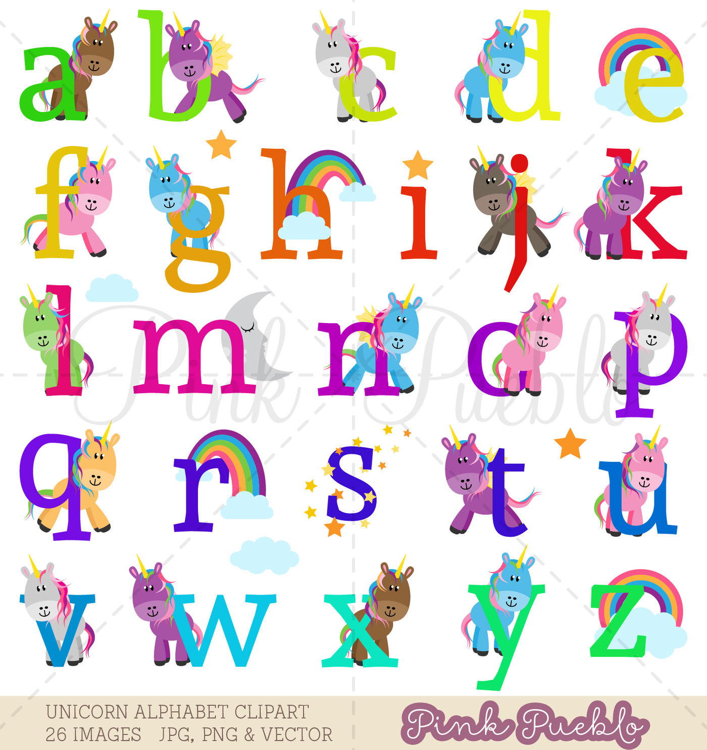 Unicorn Alphabet Clipart and Vectors By Devon Carlson | TheHungryJPEG.com