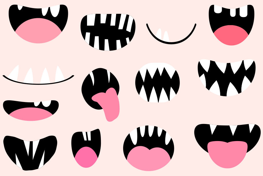 Spooky monster mouths clipart, Funny Halloween creature teeth tongues
