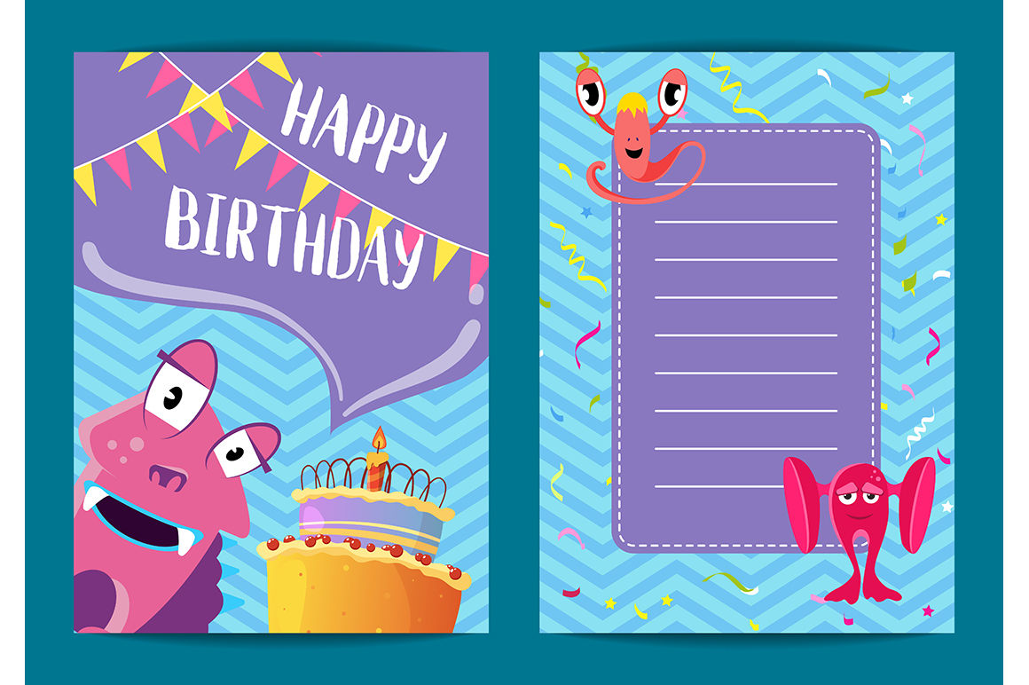Vector Happy Birthday Card Template With Cute Cartoon Monsters Cake By