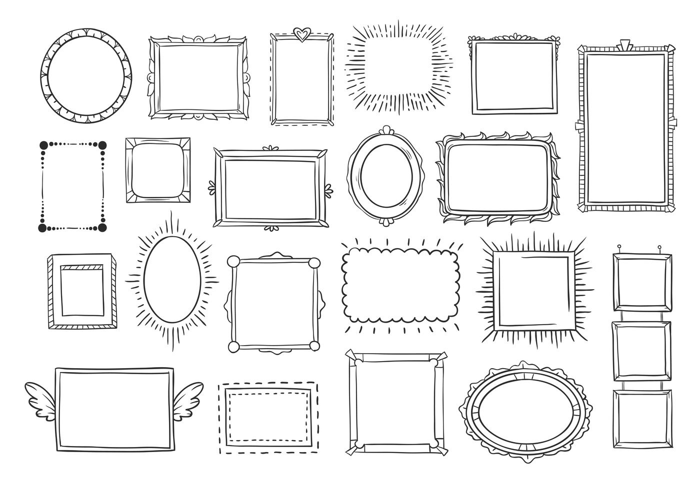 Hand drawn frames. Vintage doodle sketch picture frame. Blank black sq