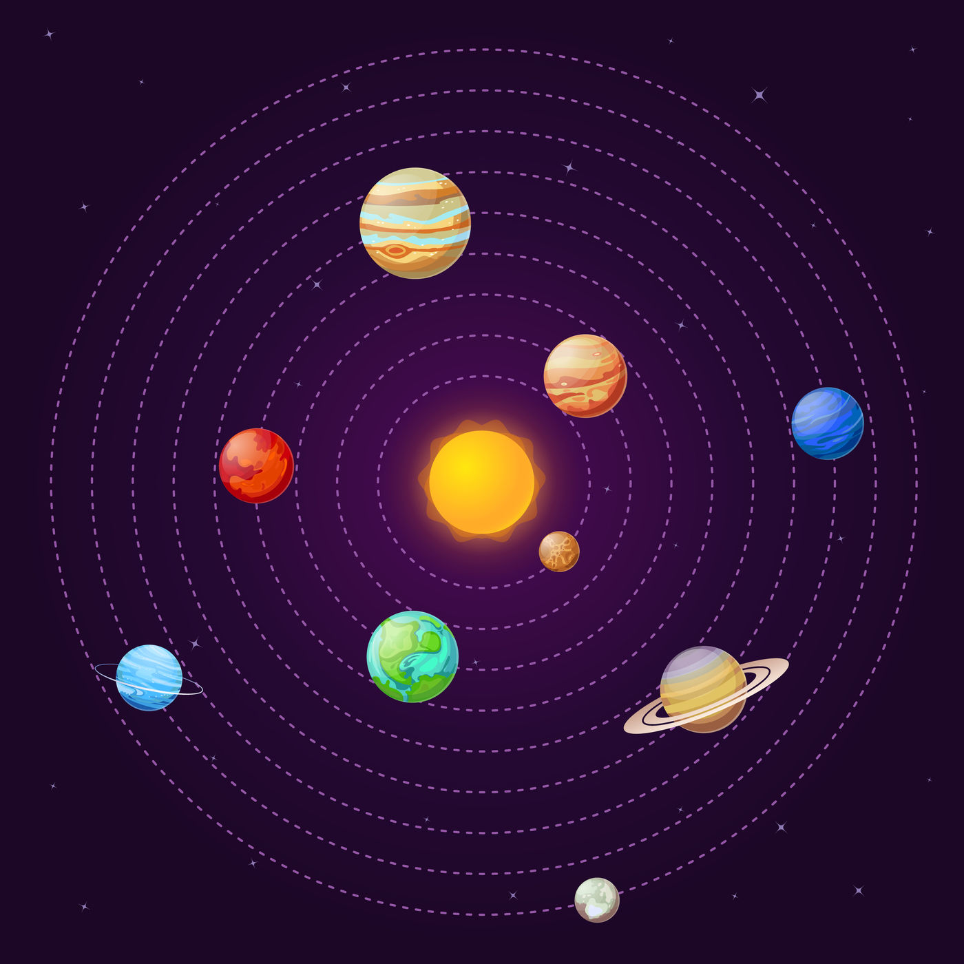 Solar system. Cartoon sun and planets on starry sky. Sun system school By  Tartila | TheHungryJPEG