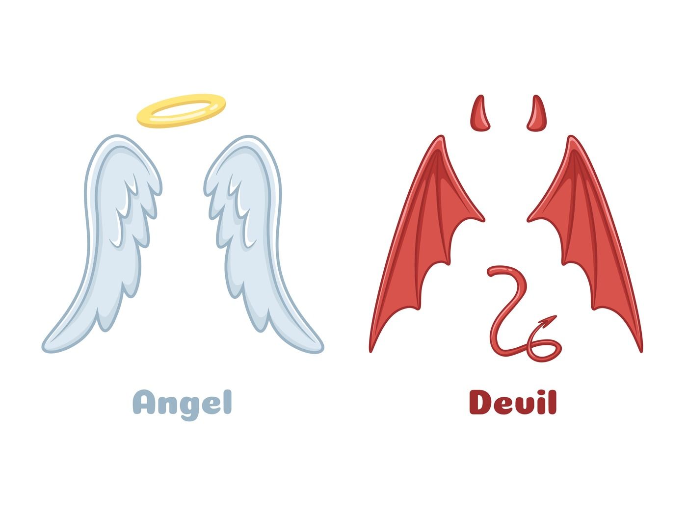 Angels and demons wings. Cartoon evil demon horns and good angel wing By  Tartila | TheHungryJPEG