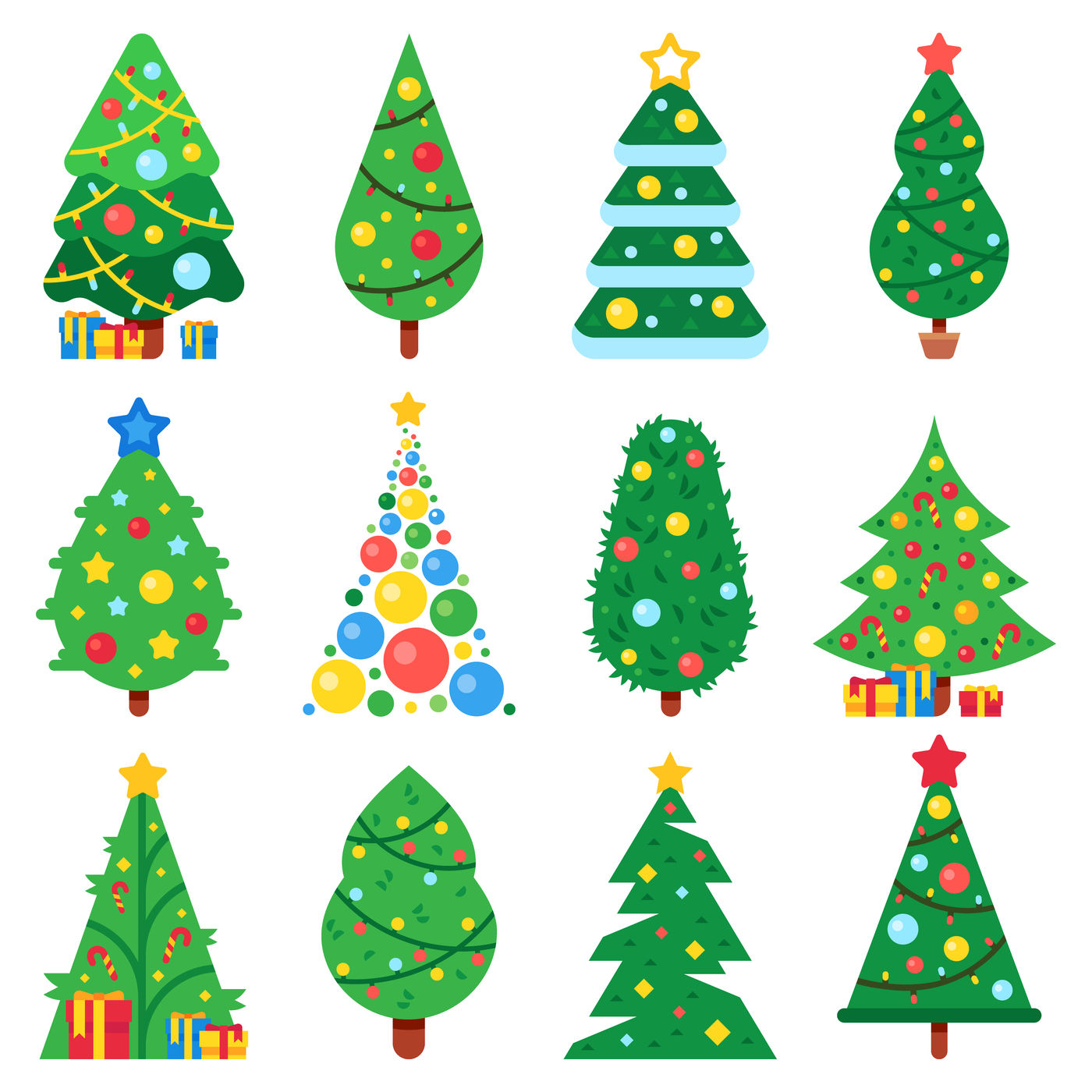 Flat paper christmas tree. Winter holidays trees decorated star, Xmas ...