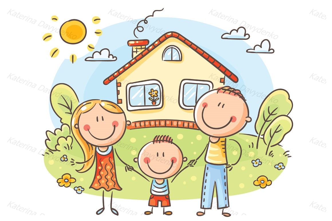 Happy cartoon family with one child near their house with a garden By  Optimistic Kids Art | TheHungryJPEG