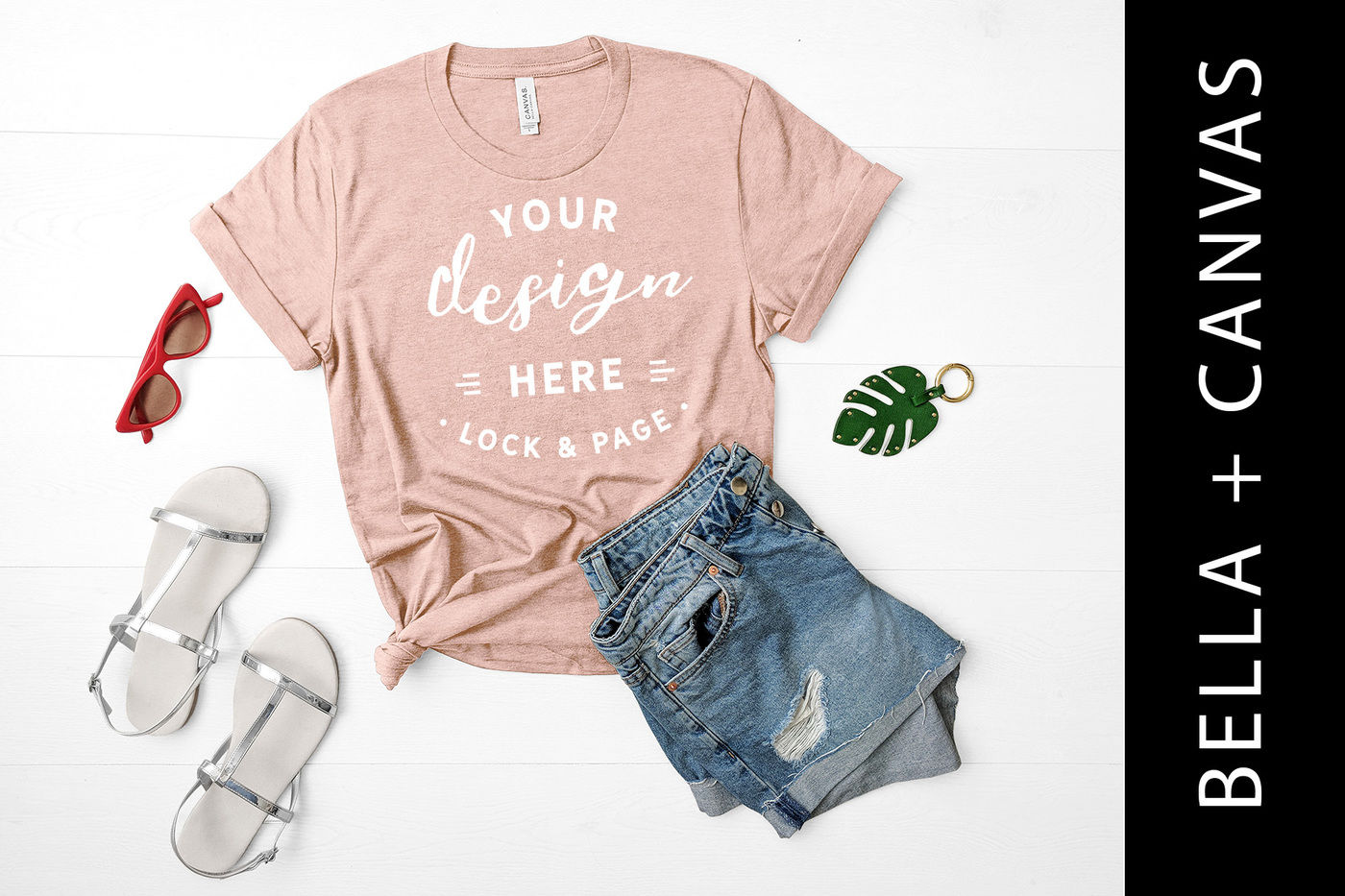 Download Heather Prism Peach Bella Canvas 3001 T Shirt Mockup By Lock And Page Thehungryjpeg Com