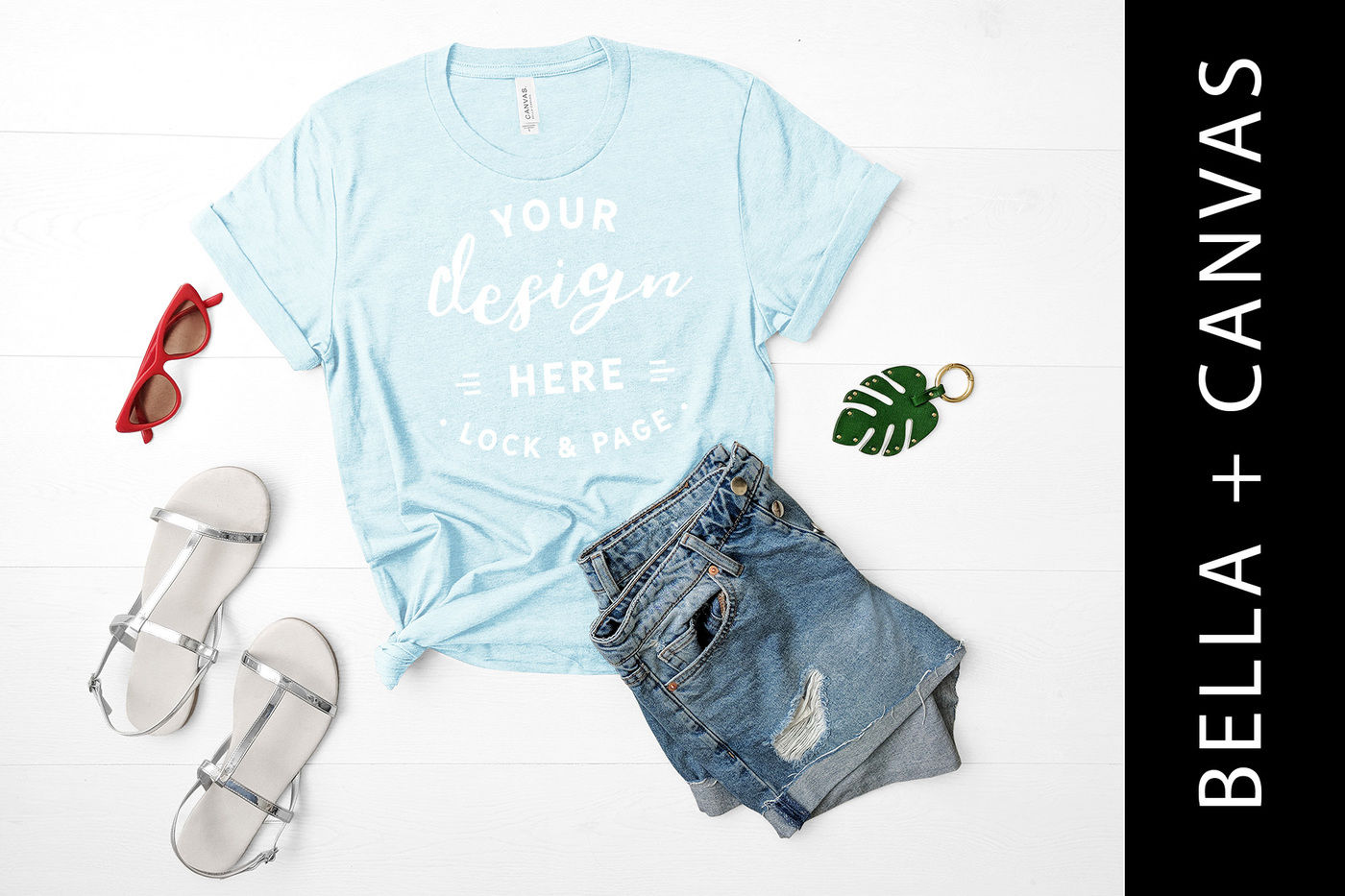 Bella Canvas 3001 Mockup Styled Flat Lay Bella Canvas Heather Prism Ice Blue Shirt Mockup Tied T Shirt Mockup Hanging T Shirt Mockup