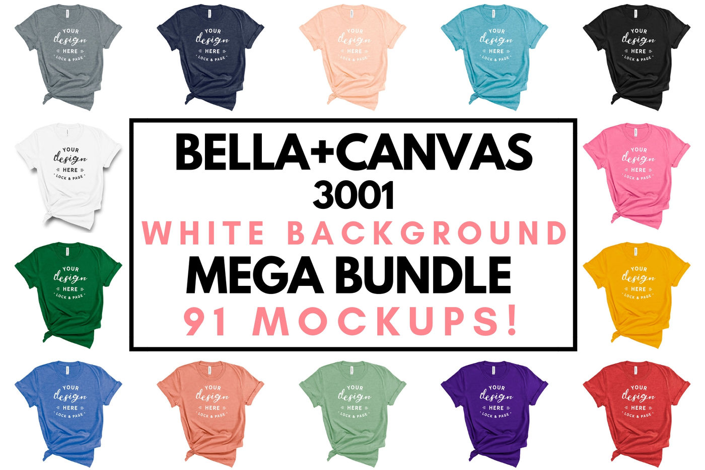 Download T Shirt Mockup Bella Canvas 3001 Mega Bundle All Colors On Plain White By Lock And Page Thehungryjpeg Com