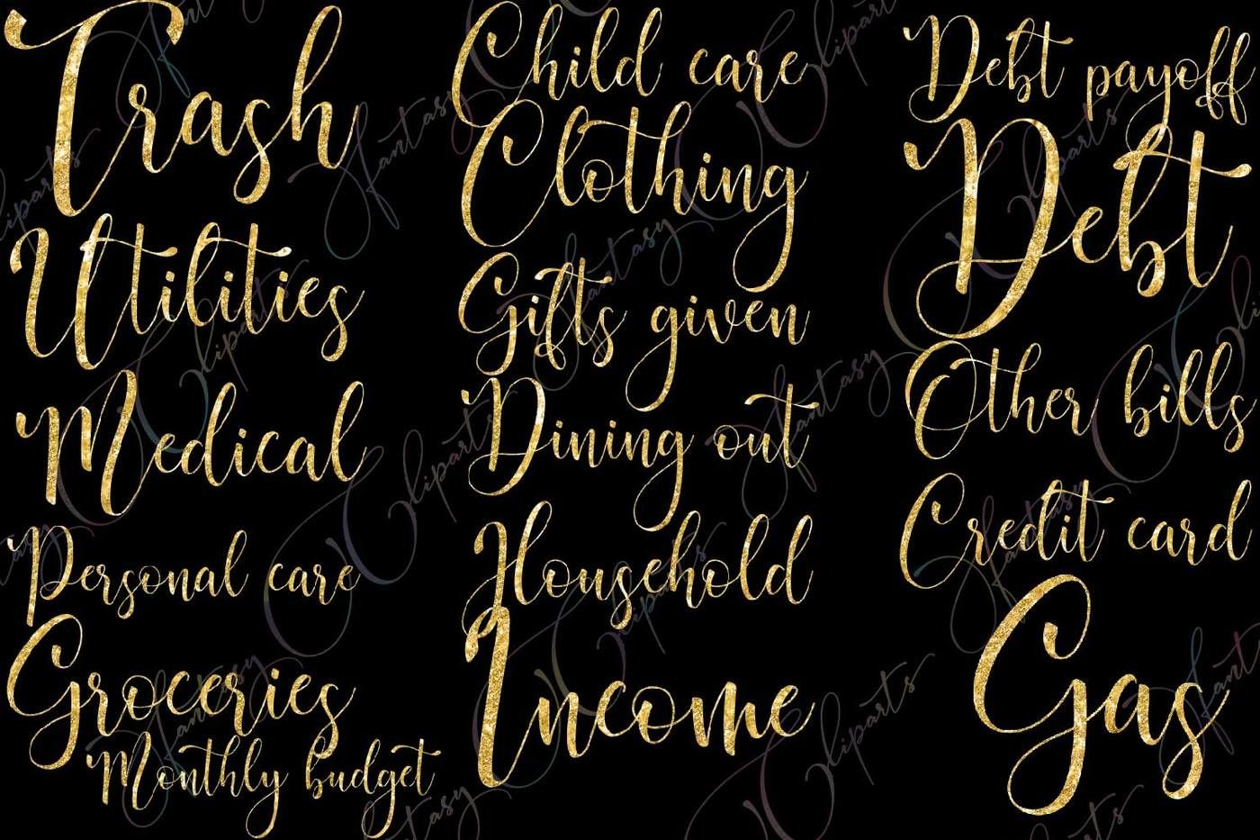 Gold Glitter Monthly Bills Word Art By Fantasy Cliparts | TheHungryJPEG.com