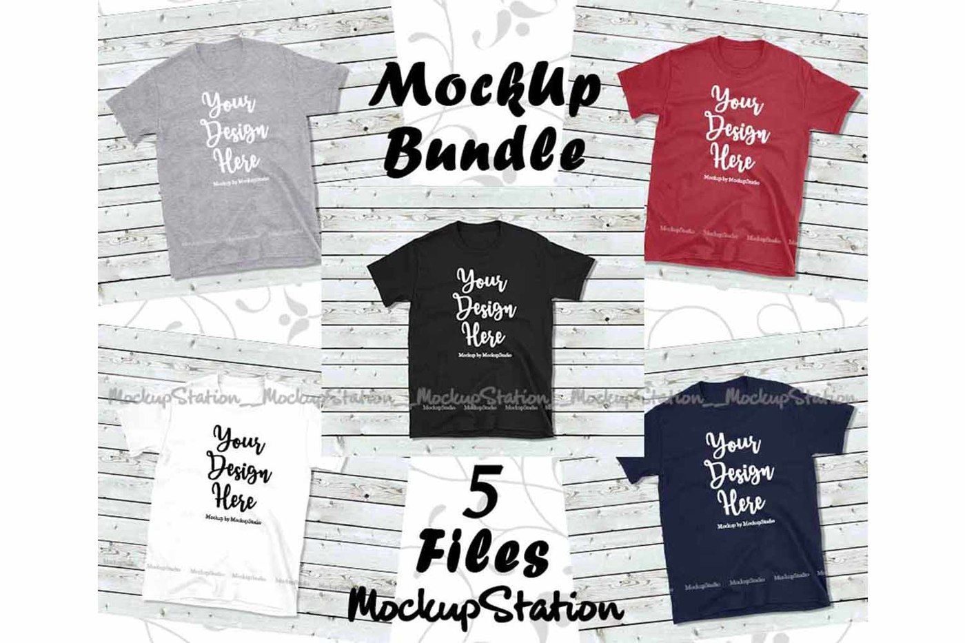 Download Tshirt Mockup Bundle 5 Colors Wood Background Shirt Flat Lay By MockupStation | TheHungryJPEG.com