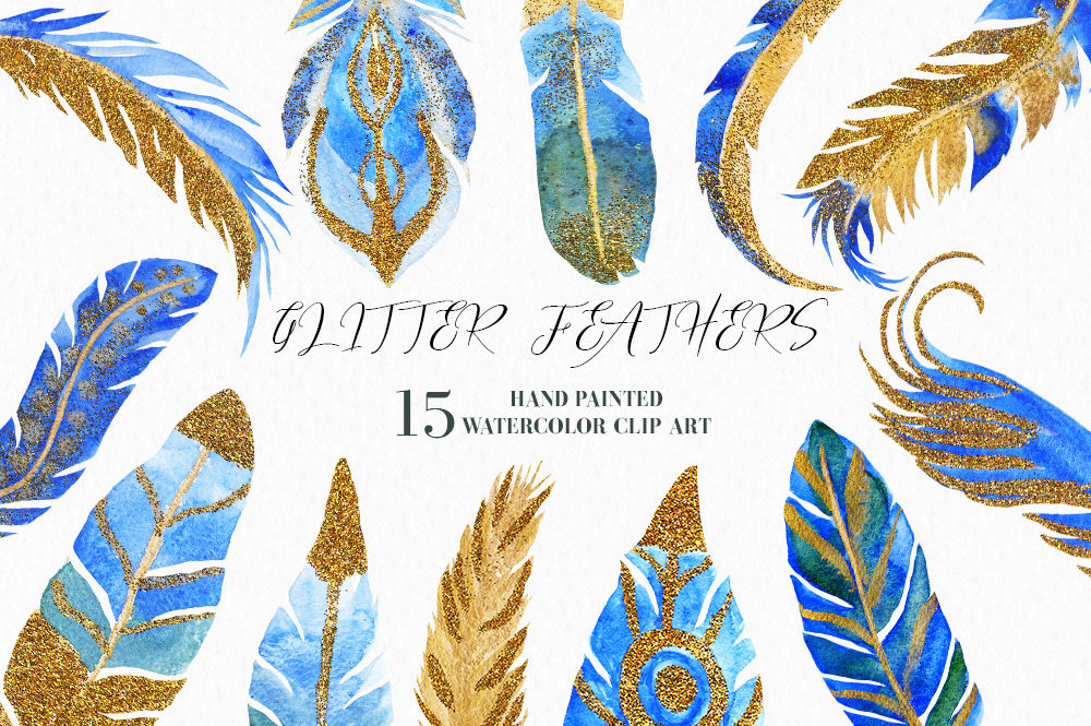 Watercolor Feathers Clipart, Gold Feathers, Glitter Feathers By
