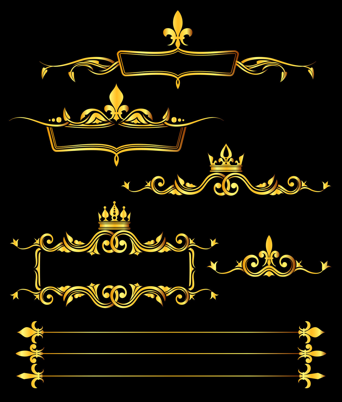 Царские элементы. Царские векторные рамки. Черный фон с золотистыми узорами. Королевская рамка. Черно Золотая рамка.