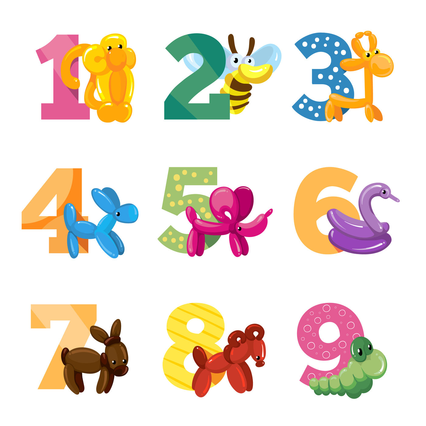 Birthday anniversary cartoon numbers with cute balloon animals for bab By  Microvector | TheHungryJPEG