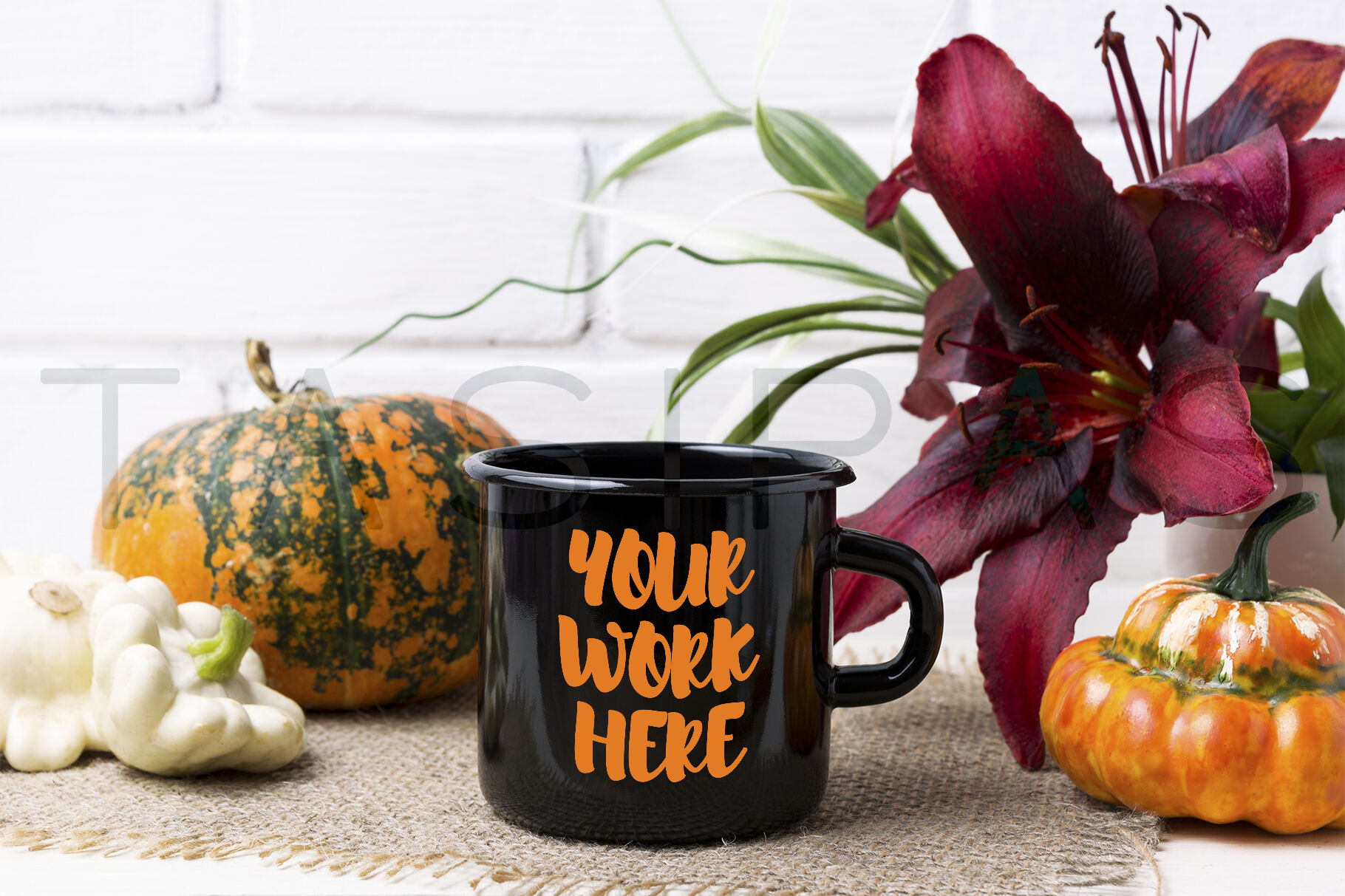 Download Black campfire enamel mug mockup with pumpkin and red lily ...