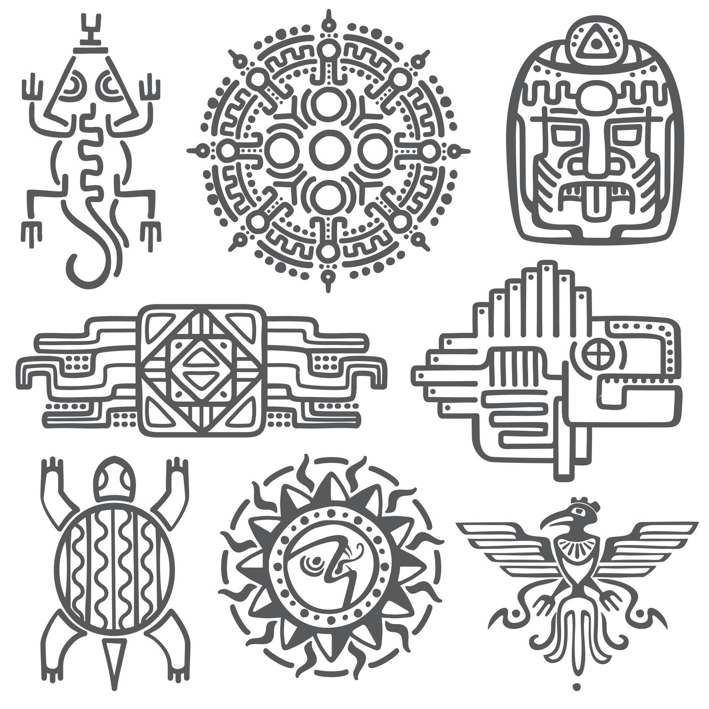Ancient mexican vector mythology symbols. american aztec, mayan cultur ...