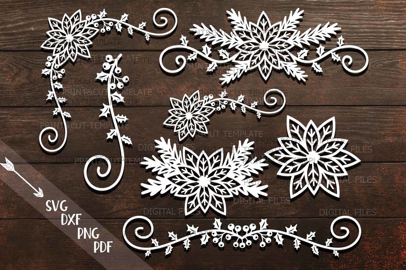 Poinsettia Christmas border swirls decorations paper cut svg By